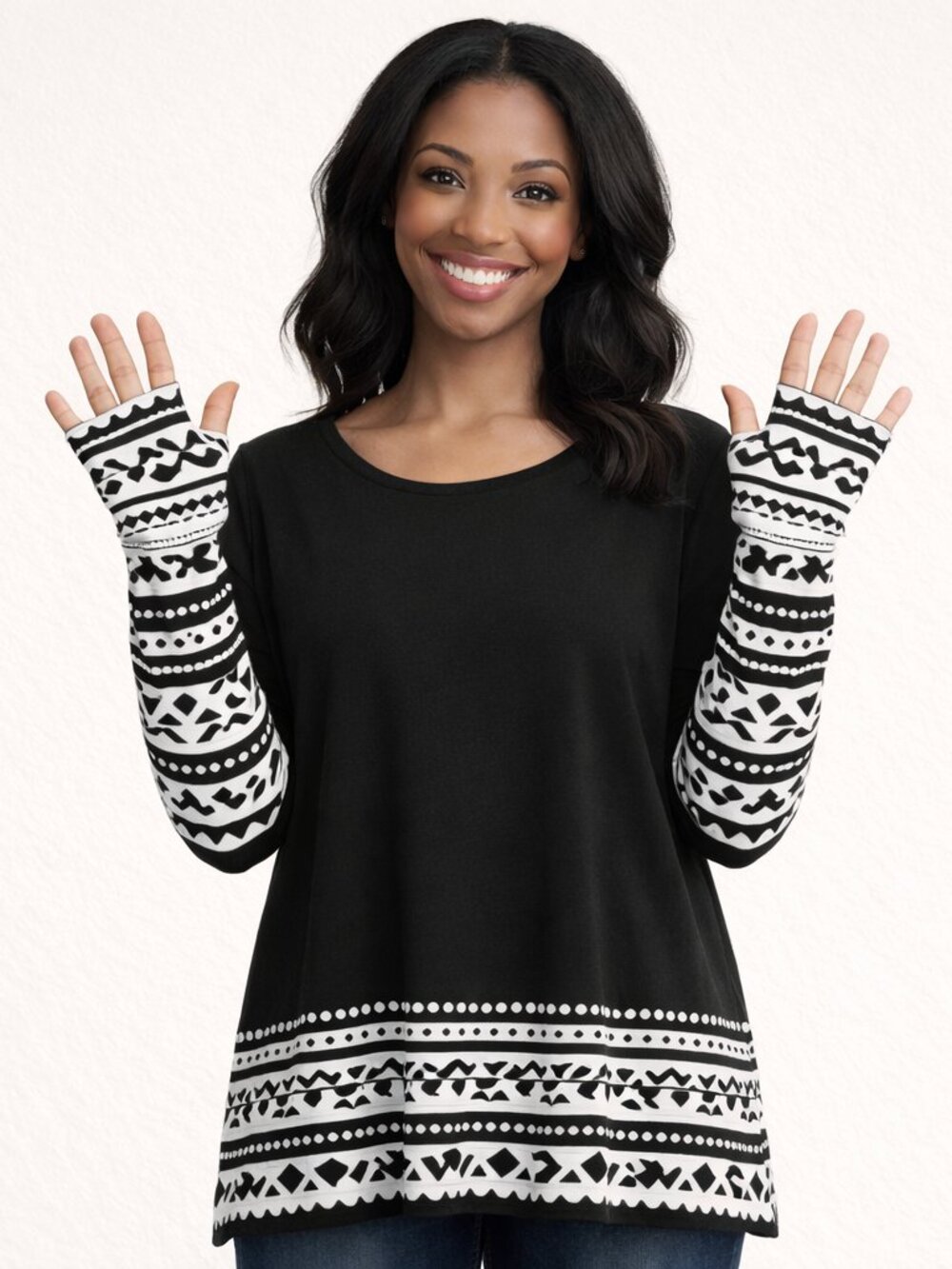 Loila Aztec Tunic Top Glove Sleeve Lagen Layer Look Tribal Print Blouse Medium